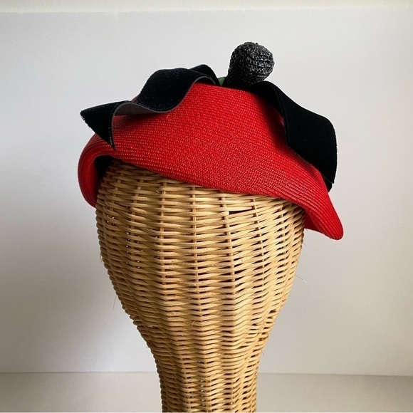 Vintage 50s Gladys & George Originals Pillbox Fascinator Hat Red Black Velvet - Picture 4 of 10